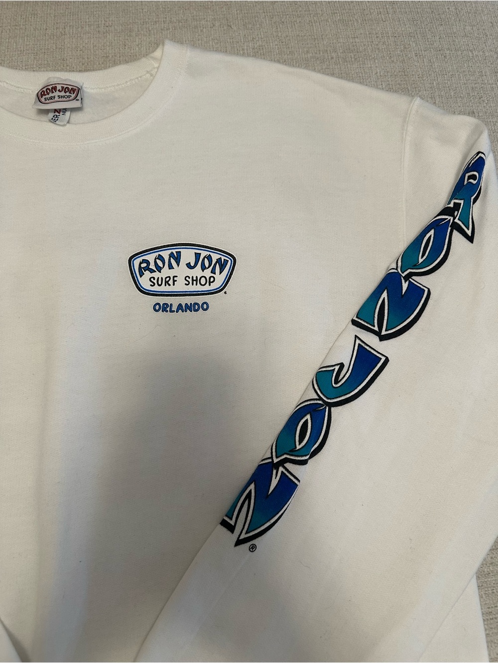Ron Jon White Crewneck with Blue Sleeve Graphics - Picture 2 of 4
